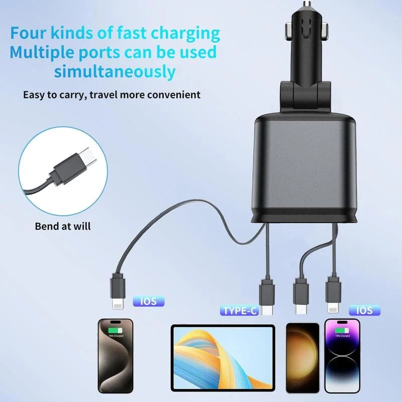 ✨66W Dual-Port Retractable Car Charger with Lightning Cable | Fast Charging & Purple Starlight LED -4-in-1 Automotive🚗